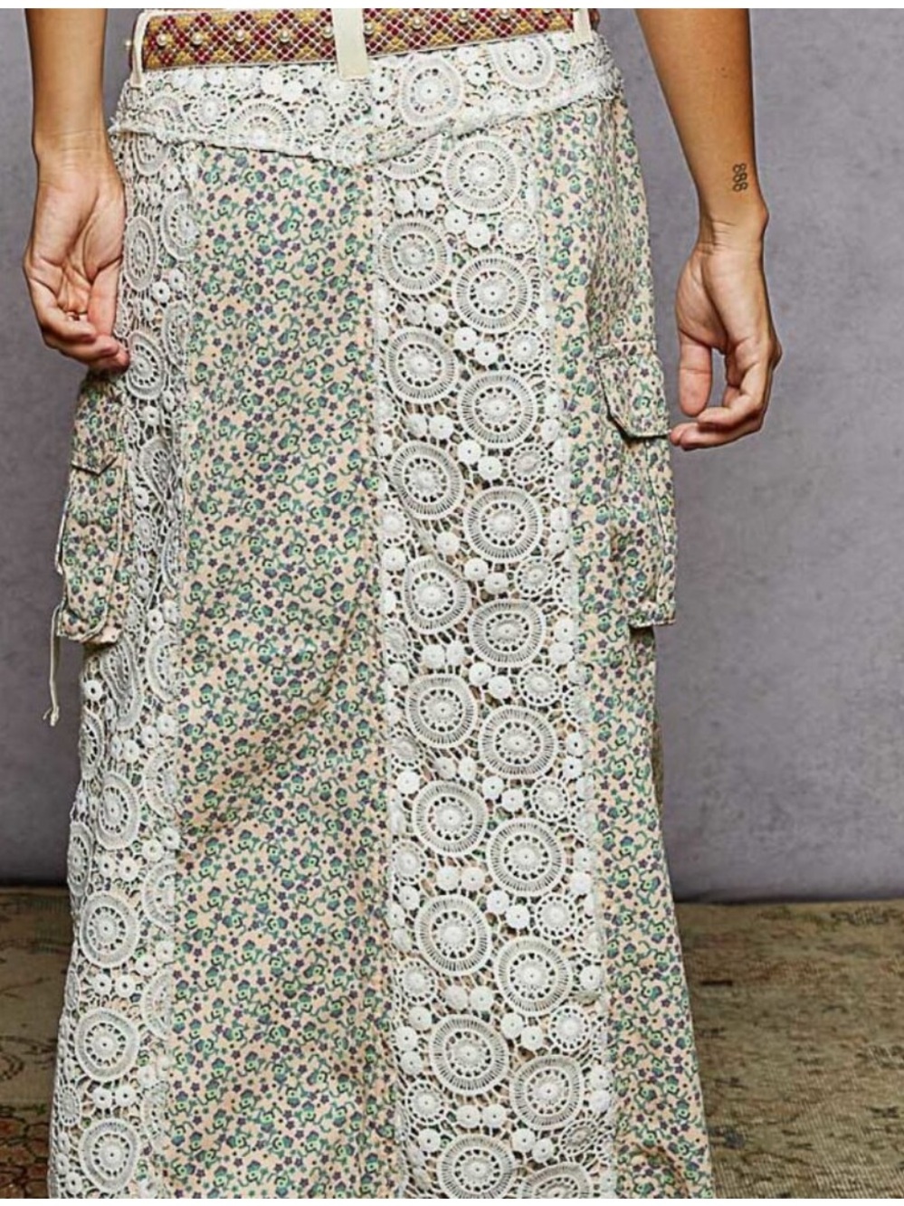 POL Boho Crochet Panel Maxi Skirt - Cream & Green - Picture 3 of 7